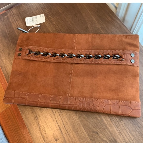 Neiman Marcus Microsuede Tan Clutch, 14” x 9”  NWT - Picture 2 of 6